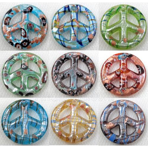 glass lampwork pendant with silver foil, peace sign, mixed color