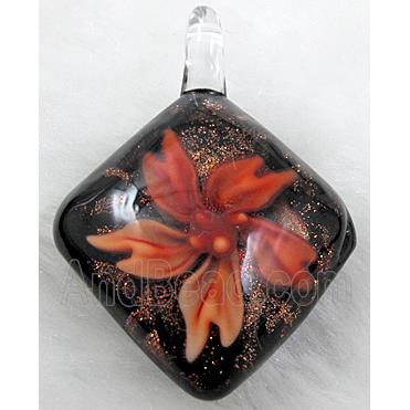 murano style lampwork glass pendant with goldsand, square, mixed color