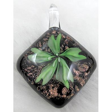 murano style lampwork glass pendant with goldsand, flower, green