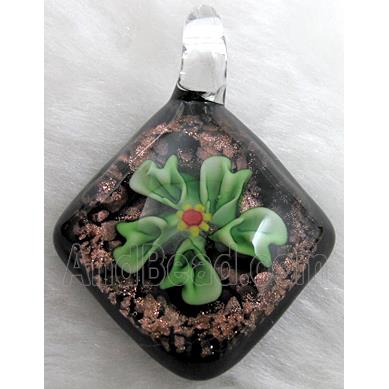 murano style lampwork glass pendant with goldsand, flower, green