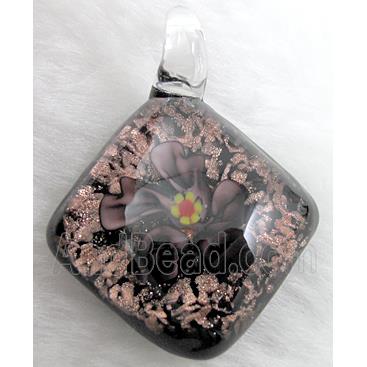 murano style lampwork glass pendant with goldsand, flower, grey