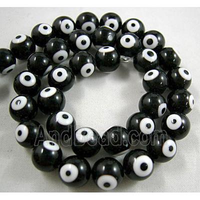 lampwork glass beads with evil eye, round, black