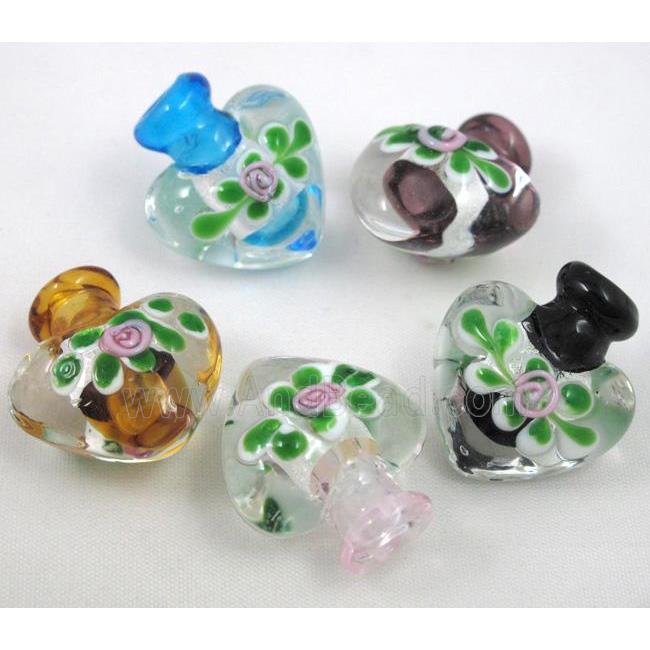 glass lampwork bottle pendant, heart, mixed color