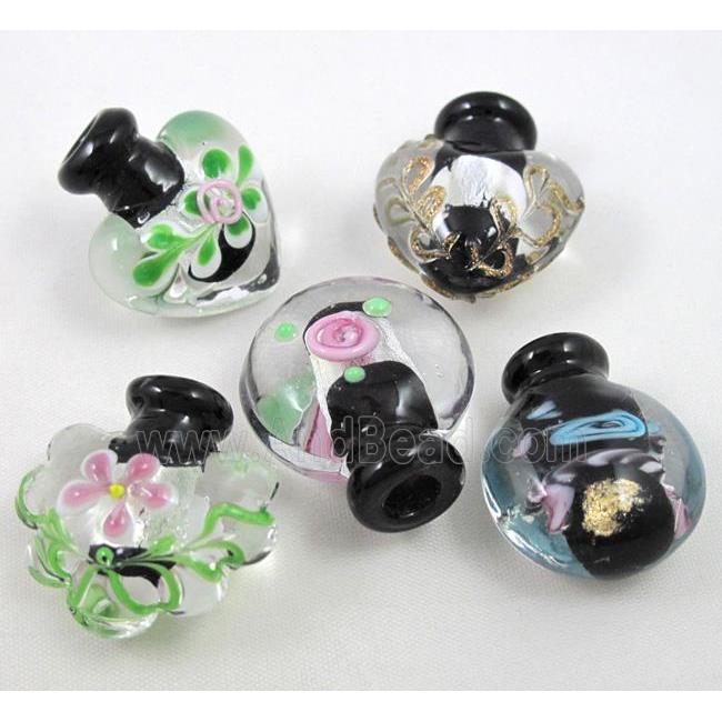 black glass lampwork bottle pendant, mixed shaped
