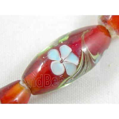 red lampwork glass beads, barrel, flower