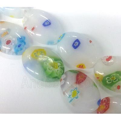Millefiori glass bead, flat-oval, mixed