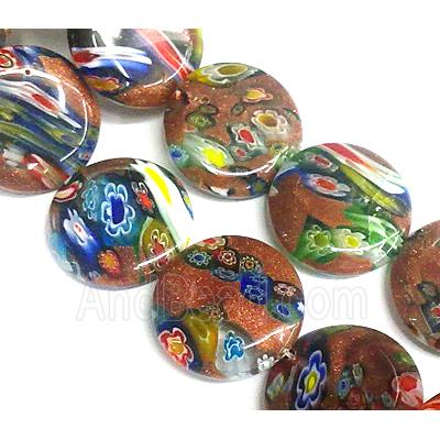 Millefiori glass bead with goldsand, flat-round, mixed
