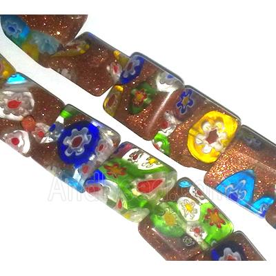 Millefiori glass bead with goldsand, mixed, square