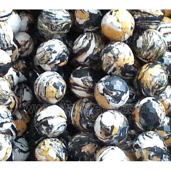 resin & stone beads, faceted round, stripe, yellow and black