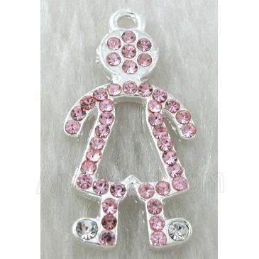 Alloy pendants paved Pink rhinestone, silver plated