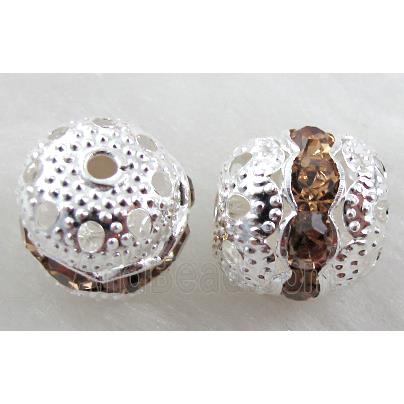 Rhinestone, copper round bead, silver plated, champagne