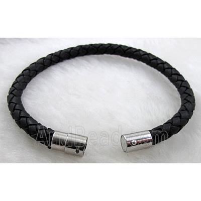 Black Leather Bracelet, magnetic clasp