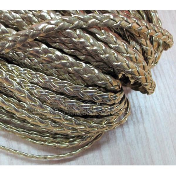 PU leather cord, flat, gold plated, braided