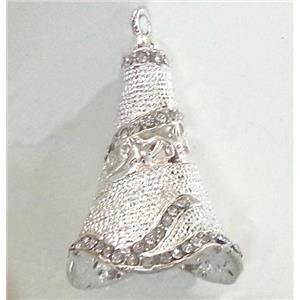 bell, copper pendant with rhinestone, silver plated, approx 25x40mm