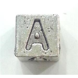 alphabet beads, alloy, antique silver, approx 7x7x7mm, 3mm hole, letter M