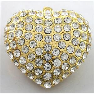 heart alloy peadant with rhinestone, gold, 45mm wide