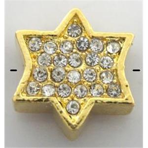 bracelet spacer, alloy bead with rhinestone, gold, 14x15mm