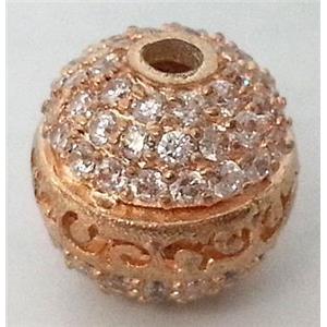bracelet spacer, copper bead with zircon rhinestone, red copper, 12mm dia