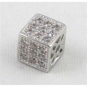 Zircon, bracelet spacer, copper bead, platinum plated, 6x6x6mm