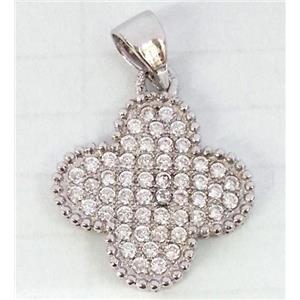 Copper Clover Pendant Pave Zircon Platinum Plated, approx 17x20mm