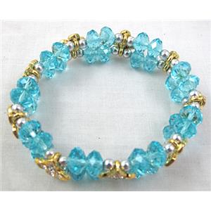 Chinese Crystal Glass Bracelet, rhinestone, stretchy, aqua, 60mm dia, bead:8mm, flower:9x9mm