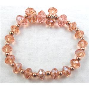 Chinese Crystal Glass Bracelet, stretchy, rose-pink, 60mm dia, bead:10mm, 8mm