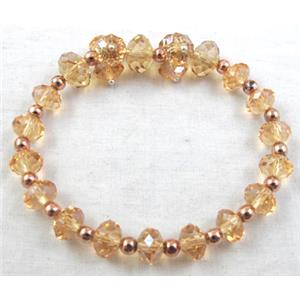 Chinese Crystal Glass Bracelet, stretchy, champagne, 60mm dia, bead:10mm, 8mm