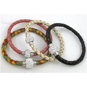 bracelet with leather cord, rhinestone Magnetic Clasp, mixed, approx 6mm dia, 21cm length