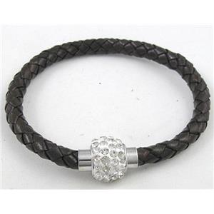 bracelet with leather cord, rhinestone Magnetic Clasp, black, approx 6mm dia, 21cm length