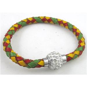 bracelet with leather cord, rhinestone Magnetic Clasp, rainbow, approx 5mm dia, 21cm length