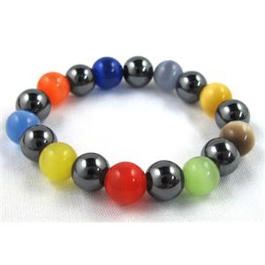 cat eye stone bracelet, stretchy, colorful, 10mm dia, 8 inch length