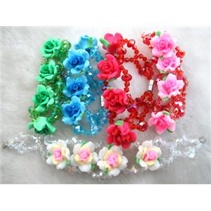 fimo clay bracelet with crystal glass, mixed color, flower:20mm, approx 7 inch length