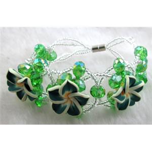 fimo clay bracelet with crystal glass, green, flower:16mm, approx 7 inch length