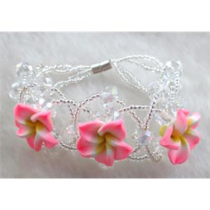 fimo clay bracelet with crystal glass, pink, flower:16mm, approx 7 inch length