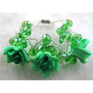 fimo clay bracelet with crystal glass, green, flower:20mm, approx 7 inch length