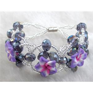 fimo clay bracelet with crystal glass, lavender, flower:16mm, approx 7 inch length