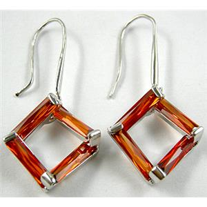 Dark Orange CZ Diamond Pane Earrings, Nickel Free, 15x15mm, 43mm length