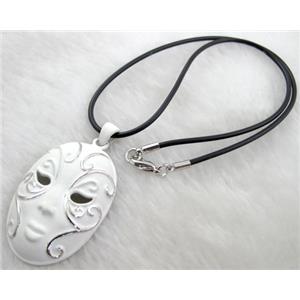 lacquered mask Necklace, alloy, rubber cord, white, 32x55mm, 16 inch length