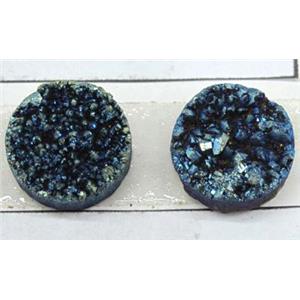 quartz druzy cabochon, flat-round, green electroplated, approx 10mm dia
