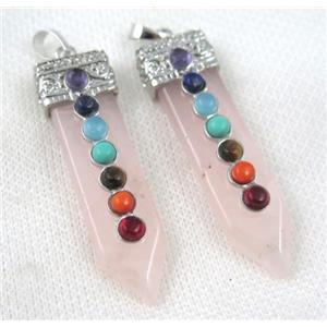 Rose Quartz Chakra pendant, paved gems, approx 16x55mm