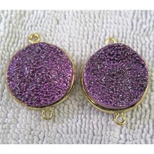 metallic quartz druzy connector, flat-round, purple electroplated, approx 20mm dia