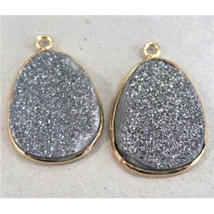 druzy quartz pendant, teardrop, silver plated, approx 18x23mm