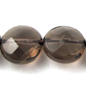 Smoky Quartz beads, faceted flat round, 12mm dia, approx 34pcs per st, grade A