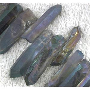clear quartz stick bead, freeform, electroplated, approx 20-40mm, 5-8mm thickness