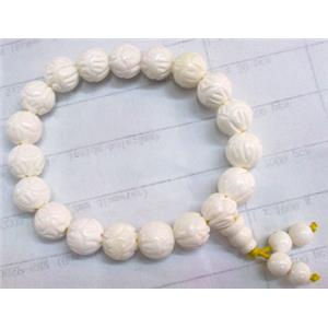 tridacna shell bracelet, carved, lotus, white, 8 inch length, bead:10mm,19pcs per st