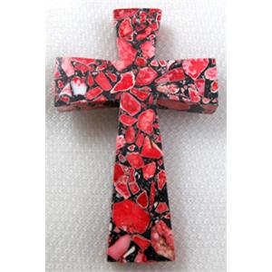 mosaic flower turquoise cross pendant, red, 40x60mm