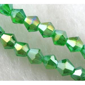 Chinese Crystal Beads, Faceted bicone, green AB color, 4mm dia, 120pcs per st