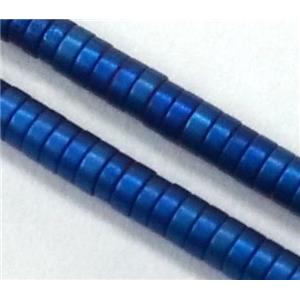 Hematite disc beads, heishi, no-Magnetic, matte, blue electroplated, approx 4x1mm, 15.5 inches