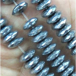faceted Hematite disc heishi bead, silver electroplated, approx 3x12mm