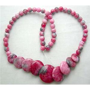 Jade Necklace, flat round, hot pink, 16 inch, 40cm length, big Round:21mm, round beads:6mm dia